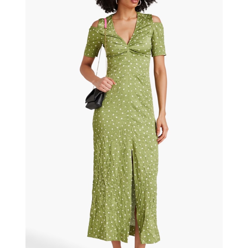Elegant Green Polka Dot Dress Cold shoulder crinkley satin.  Front slit